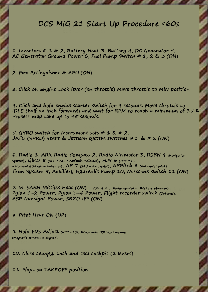MiG-21 Start Up Checklist For Kneeboard