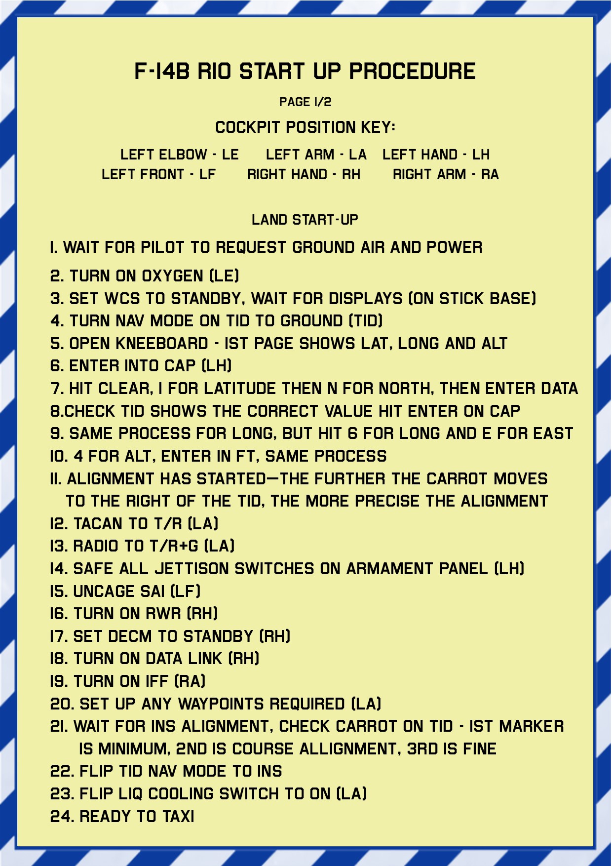 Start-up checklists for F-14B Tomcat RIO position